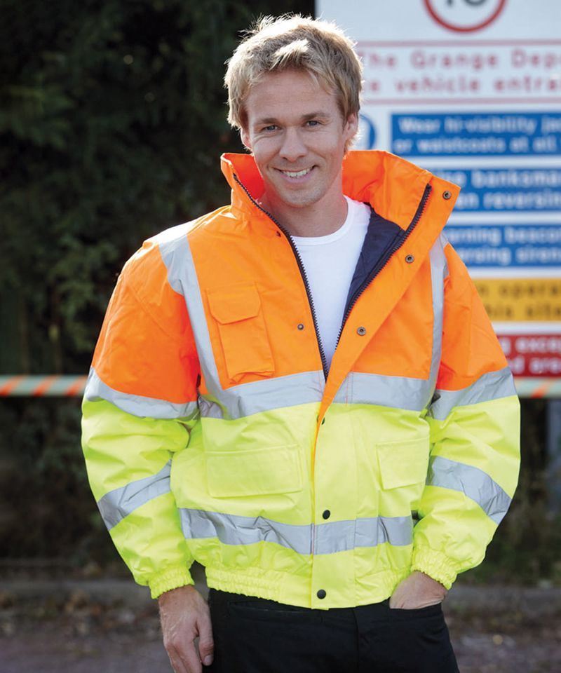 Yellow Hi Vis Traffic Bomber Jacket With Red Brace